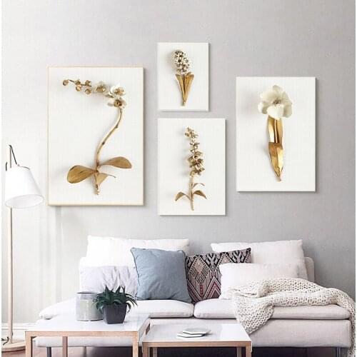 White Background Art Simple Golden Flowers Nordic Style Posters Canvas Pictures For Living Room Decor Painting Unframed