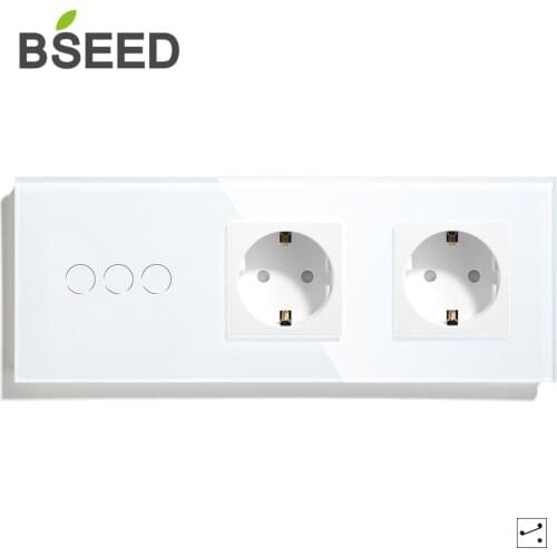 BSEED Touch Switch EU Standard 3 Gang 1 Way With Double Wall Socket Luxurious Black White Gold Crystal Glass Panel Home Improvem