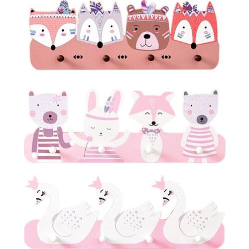 Lovely Cartoon Wooden Wall Hangers Adhesive 4 Hooks Childrens Room Decoration Coat Hook for Robe Coat Towel Keys Bags