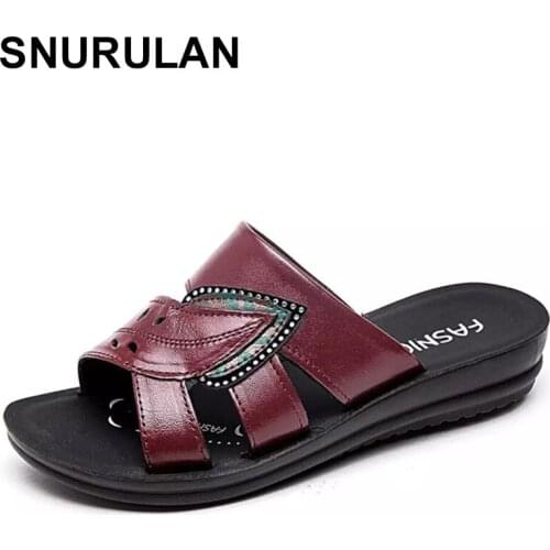 SNURULAN New Genuine leather women slippers soft bottom non-slip wear sandals old comfortable slip on slippers Female soft slide