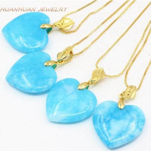 Trendy Heart Shape 25mm Chain Pendants Natural Blue Jades Chalcedony Stone Pendant Chokers Necklace For Women Jewelry B3350