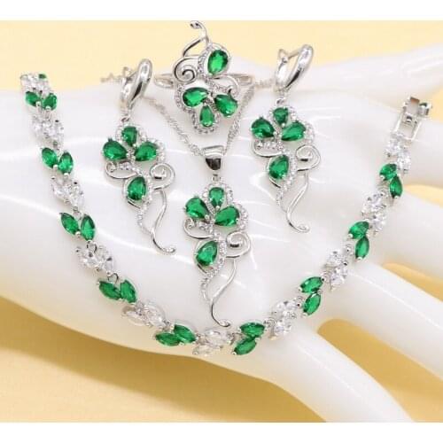 Green Jewelry Sets Cubic Zirconia Sterling Silver Color Trendy Pendant Necklace Earring Bracelet Ring for Ladies Fashion Gift
