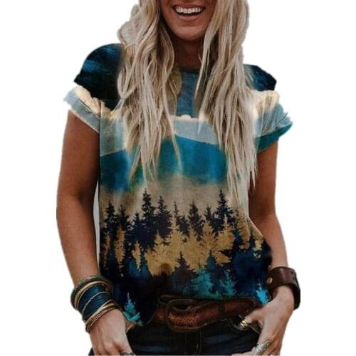 New 2021 Summer Women Short Sleeve T Shirt Fashion Oil Painting Landscape Print Tee Tops Ladies Casual O- Neck Loose Streetwear