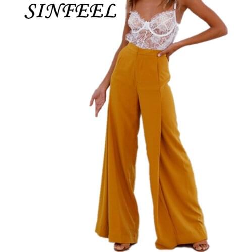 SINFEEL 2018 High Waist Zipper Palazzo Pants with Pocket Fashion Loose Wide Leg Pants Women Elegant OL Style Trousers Female