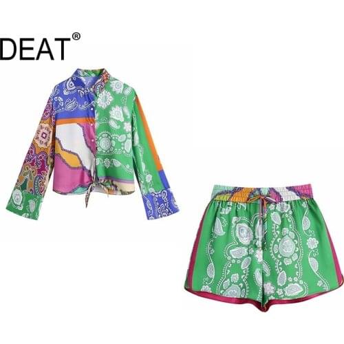 [DEAT] 2021 Summer New Fashion Tide Turn-down Collar Single-breasted Printing Shirt Casual Shorts Women Two-piece Suit 13Q360