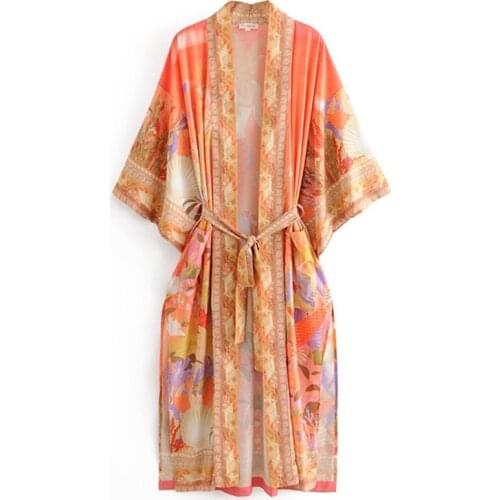 2020 Bohemia Orange Mermaid Flower Crane Print Long Kimono Shirt Ethnic Lacing up Sashes Long Holiday Cardigan Loose Blouse Tops