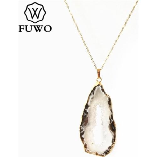 FUWO Natural Geode Agates Necklace with Gold Trimmed Fashion Irregular Shape Druzy Quartz Jewelry For Women Gift NC261