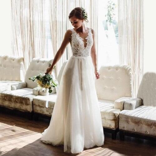 2020 Wedding Dresses V Neck Backless Sweep Train Appliques Beads Garden Beach Boho Bridal Gowns vestidos de novia Plus Size