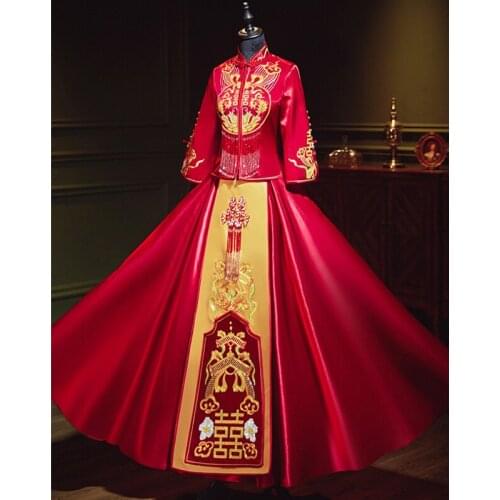 Golden Red Bridal Costume Golden Embroidery Modern Classic Oriental Wedding Dress Cheongsam China Qipao костюм для восточных
