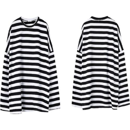 2020 Black White Striped Casual Tees Long Sleeve Oversize Women Tops Home Simple Round Neck Fashion Basic Ladies T-shirts