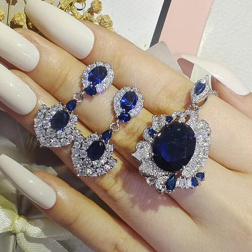 2021 New Luxury Blue Color Oval Wedding Jewelry Sets for Women Anniversary Gift Jewelry Wholesale J6609