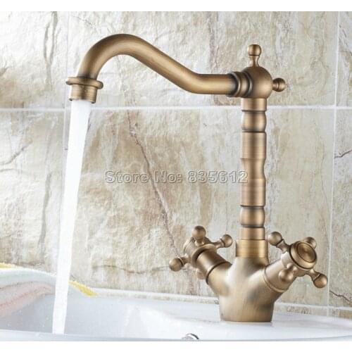 360 Swivel Spout Dual Handles Kitchen Sink Mixer Tap /Antique Brass Single Hole Deck Mounted Vessel Sink Faucets Wsf090