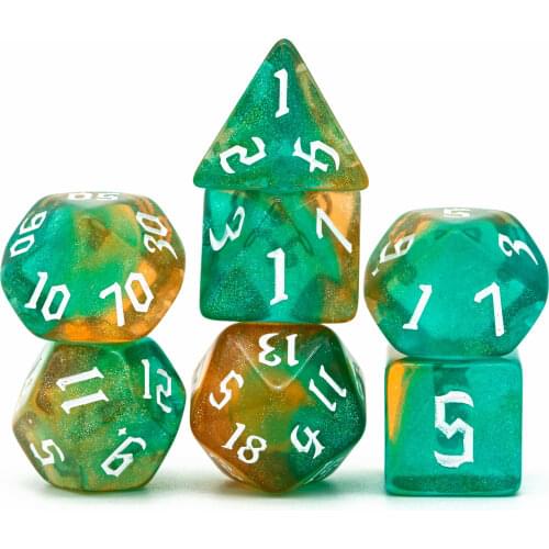 7Pcs/Set Brown Blue DND Dice Set D4 D6 D8 D10 D% D12 D20 Sickle Font Polyhedral Dice for Role Playing Board Game D&D RPG MTG DND