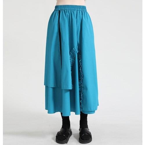 Asymmetrical Skirts Women Girls High Elastic Waist Pleated Loose Irregular Skirt solid color