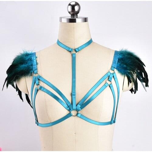 Harajuku Turquoise Feather Cage Body Bra Sexy Elastic Bondage Harness Lingerie 90s Ladys Fetish Crop Top Cosplay Cage Bralette