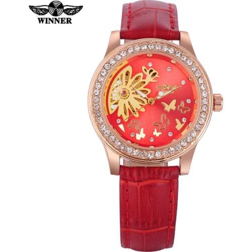 WINNER Brand Mechanical Hand Wind Women Watches Lady Fashion Casual Rhinestone Skeleton Dial Analog Wristwatches Leather Strap