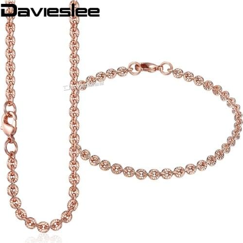 Davieslee Bracelet Necklace Jewelry Set for Women 585 Rose Gold Filled Cut Rolo Round Link Womens Jewelry Set Fashion 3mm LGS276