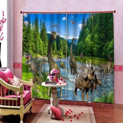 Dinosaur in the virgin forest Curtains Digital Print Photo Childrens room Window Drapes Indoor Decor sets 2 Panels With Hooks