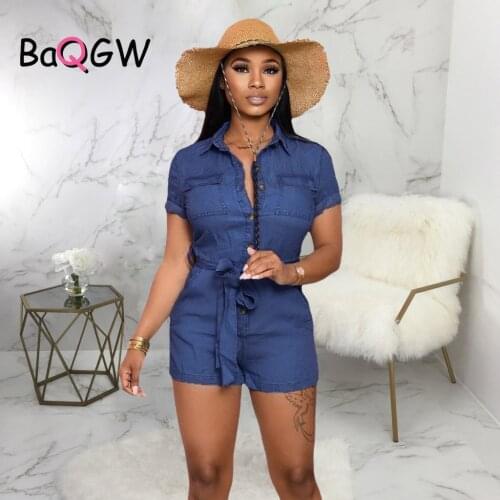 Women Jeans Bodysuit Short Sleeve Turn Down Collar Denim Playsuits High Waist Shorts Jeans Rompers Womens Jumpsuit with Belt