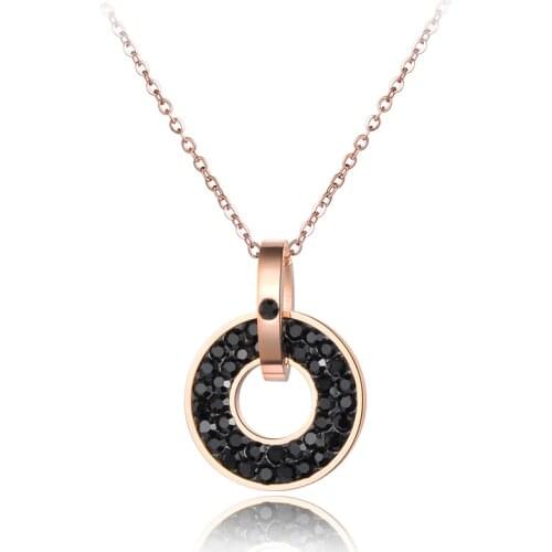 JeeMango Stainless Steel Jewelry Black & White CZ Crystal Pendant Round Shape Rose Gold Color Wedding Necklaces For Women N18072