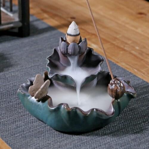 Butterfly Lotus Backward Incense Burner Green Alpine Flowing Water Incense Burner Home Furnishing Simple Decoration Tea Ceremony