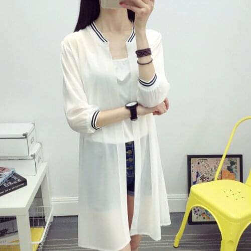 Summer Blouse Women Clothing Casual Chiffon Long Blouse Cardigan Solid White Black pink O-neck Blouse Shirt Women thin Coat