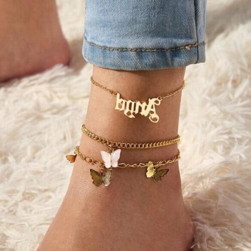 Personality Multilayer Beach Foot Chain Anklets Women Fashion Letter Butterfly Pendant Barefoot Anklet Bracelet Jewelry