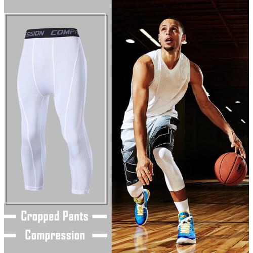 Mens Running Sport Tights Pants Basketball Cropped Compression Leggings Gym Fitness Sportswear for Male Athletic Trousers