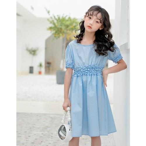 Girls Dress Summer New 2021 Solid Color Short-sleeve Pleated Princess Cotton Dress Baby Girl Clothing Kids Clothes