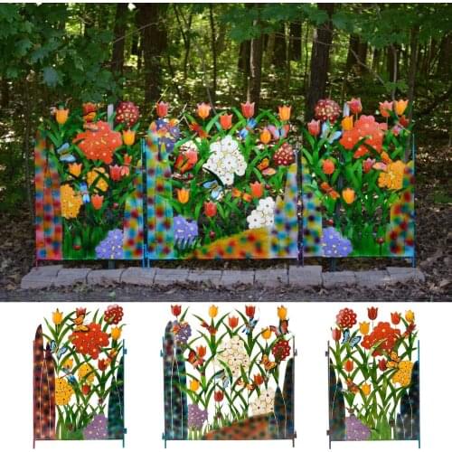 Coated Steel Decorative Garden Fence Panel Colorful Metal 3-Panel Butterfly And Flower Garden Screen Backyard Outdoor Decoration