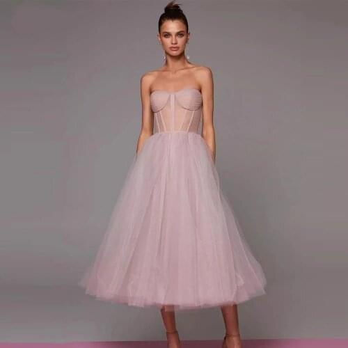 Green Dusty Pink/Lavender/Navy Blue A Line Tulle Short Prom Dresses 2021 Sweetheart Sheer Boning Tea length Formal Party Gowns