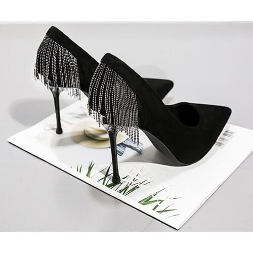 Shoes Woman Pointed-Toe Luxury Designer Womens Spring Summer New Style Thin Heeled French Tassels Sexy Black High Heel Shoes