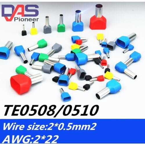 TE0508 TE0510 TE0512 Terminales 2x22 AWG Dual Entry Wire Bootlace Ferrules For 2 X 0.5mm2 .8mm wire crimp terminal connector