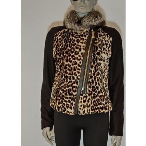 Spring Autumn Women Fox Collar Leopard Printed Rabbit Fur Body Wool Arms Stylish Comfortable Famale Casual Jacket