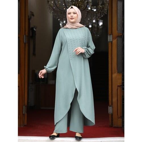 Women Tunic Pants Suit Pearl Detailed Hijab Clothing New Season Long Muslim Islamic Modern Model Flexible High Quality Turkey