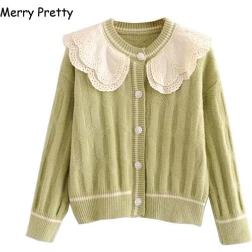 Merry Pretty Women Cardigans and Sweaters Girls Sweet Green Knit Peter Pan Collar Jumpers Students Fall Winter Knitted Outwear