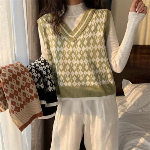 Plaid Sweater Vest Fashion Knit Women Girl Casual Korean Pullover Elasticity Spring Autumn Sleeveless V-Neck Tank Top Waistcoat