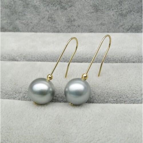 10-10.5mm Natural Color Real Tahitian Pearl Hook Drop Earrings 14k Yellow Gold
