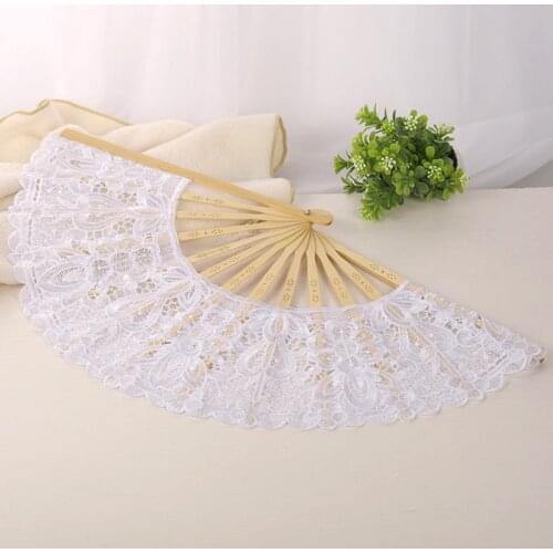 1PCS Chinese Style Decorative Bamboo Fans Lace Fabric Silk Folding Hand Held Dance Fans Flower Party Wedding Prom Home Decor