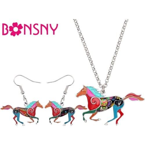 Bonsny Enamel Alloy Elegant Running Horse Earrings Necklace Pendant Choker Fashion Animal Jewelry Sets For Women Girls Teen Gift