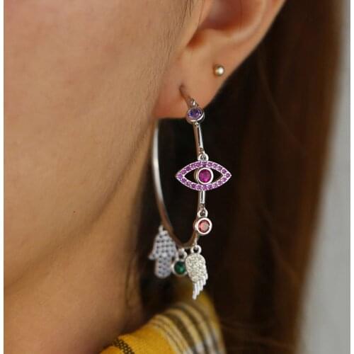 Evil eye wing fatimas hand luxury stunning Bohemia european women earrings Colorful cz paved lucky charms hoop earring