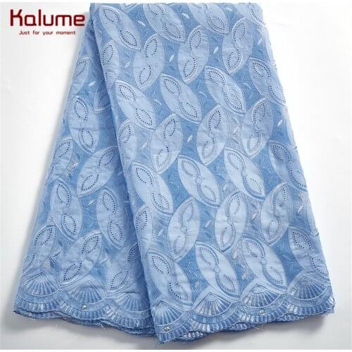 Kalume Sky Blue African Cotton Lace Fabric 2021 High Quality Nigerian Lace Fabric Rhinestones Swiss Voile For Party Dress F2428