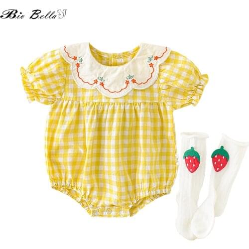 Baby Set Babies Girl Short Sleeve Bodysuit+White Socks 2pcs Outfit Plaid Clothes Beautiful Yellow Kids Clothing