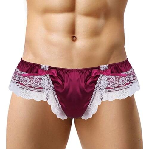 Lace T-Back Thong Mens Sexy Sissy Penis Pouch Underpants Mens Thongs Bikini Briefs Bow Gays Clothes Erotic Lingerie Panties