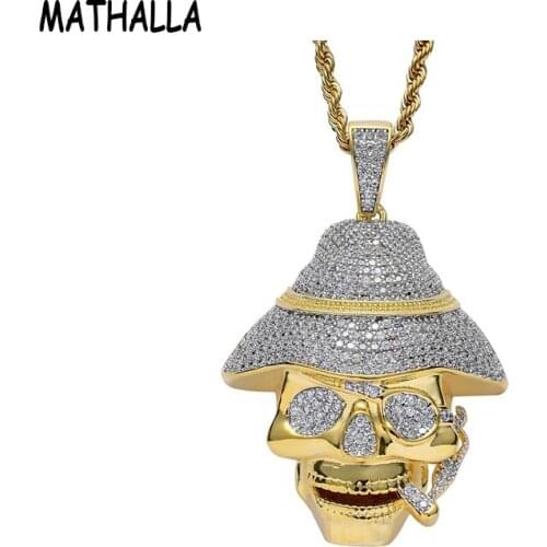 MATHALLA Skull Pirate and Cigar Pendant Micro-paved Cubic Zirconia Golden Bling Necklace Hip Hop Mens Jewelry Gift