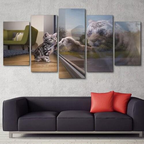 Modular Pictures Living Room HD Printed Canvas 5 Pieces Animal Cat And Tiger Painting Home Decoration Poster Wall Art Framework