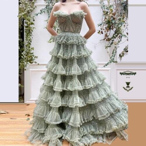 Muslim Evening Dresses A-line Sweetheart Tulle Tiered Beaded Dubai Saudi Arabia Long Evening Gown Prom Dress Robe De Soiree