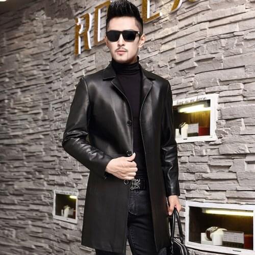 Autumn and winter new mens leather windbreaker jacket Men Sheepskin long leather jacket Plus size 6XL 7XL Genuine Leather Coat