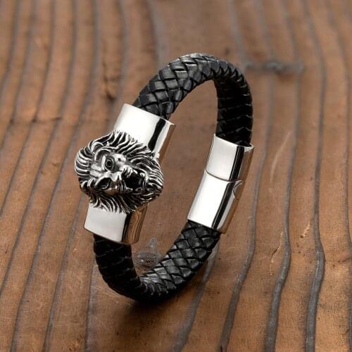 Lion Head Skull Head Stainless Steel Mens Bracelet Rock Punk Style Leather Braided Rope Bracelet
