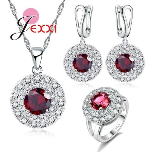 3PCS Jewelry Set Real 925 Sterling Silver with Red Cubic Zircon Crystal Necklace/Earrings/Ring Wedding Engagement Jewelry
